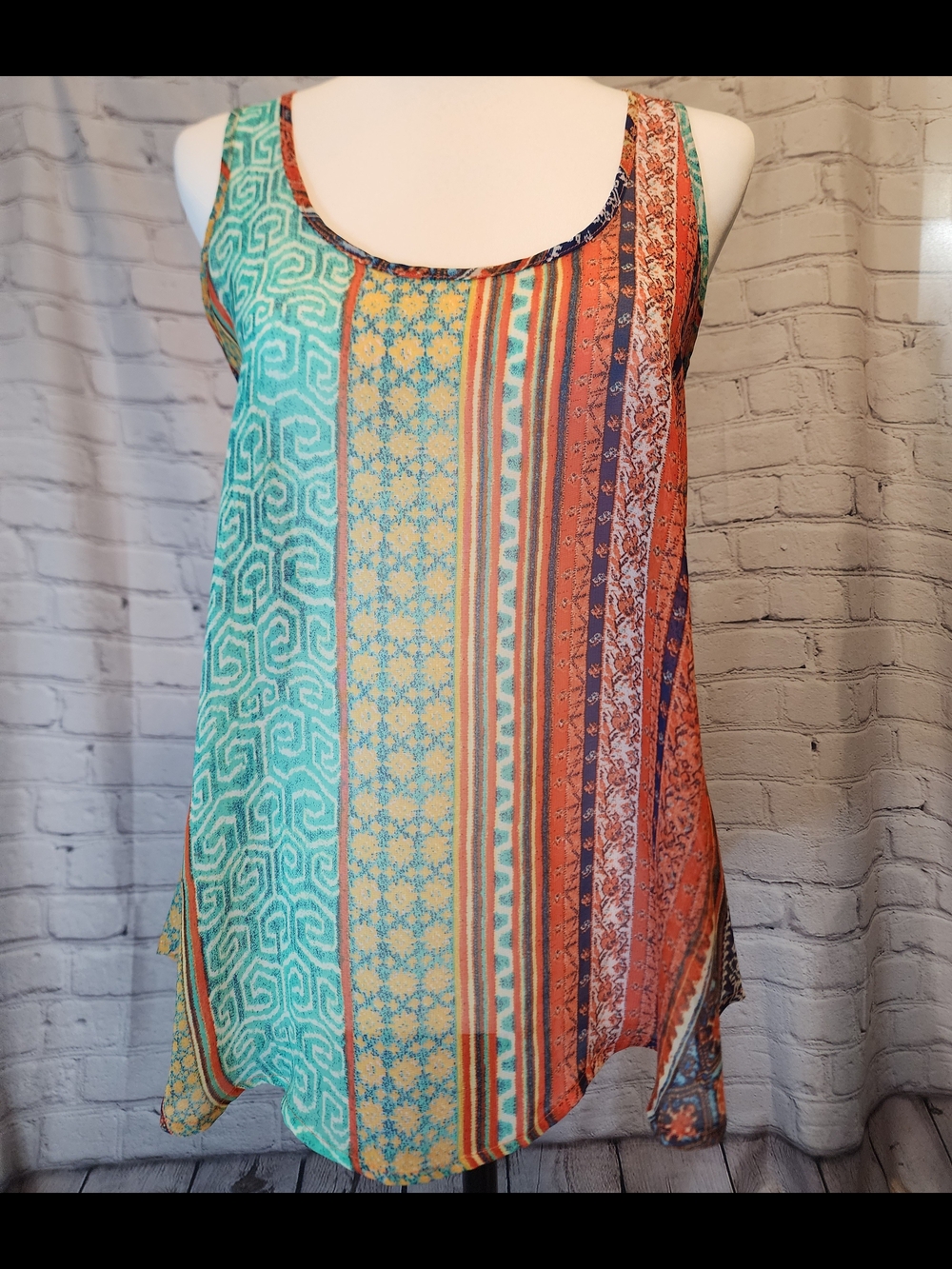 bobeau Mixed-Print Striped Tank Top in Teal, Yellow & Rust